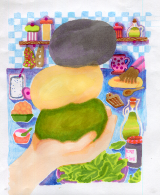 projet avorté - fanzine de recettes de pâtes fraîches - page 1 - feutre à alcool et crayons de couleurs - A5