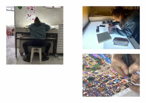 Marseille, mars 2025.
Encrage de la page "Place de Lenche" sur la grande table lumineuse de l'atelier